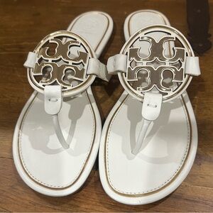 Tory Burch White & Gold Logo Miller Sandals